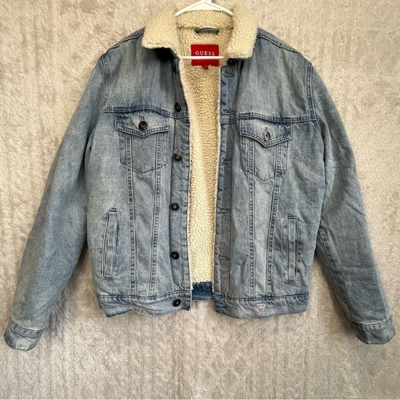 Guess Other - Guess Fleece Lined Denim Trucker Jacket Sz M Jeans Boho Light Wash Unisex